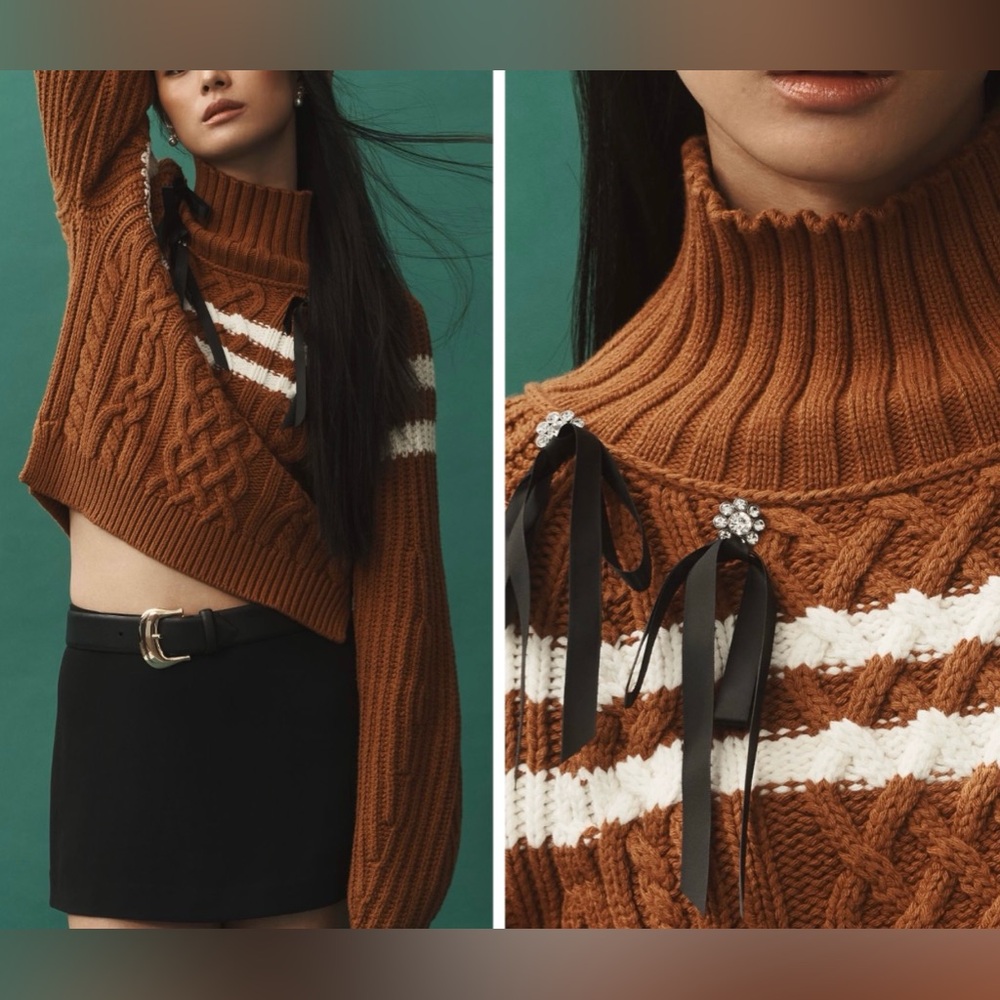 Anthropologie Maeve Turtle Neck Balloon Sleeve Chunky Bow Sweater
